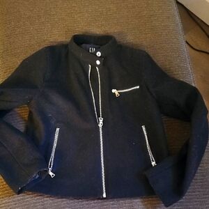 GAP Black Wool Bomber Jacket with Silver Zippers Medium